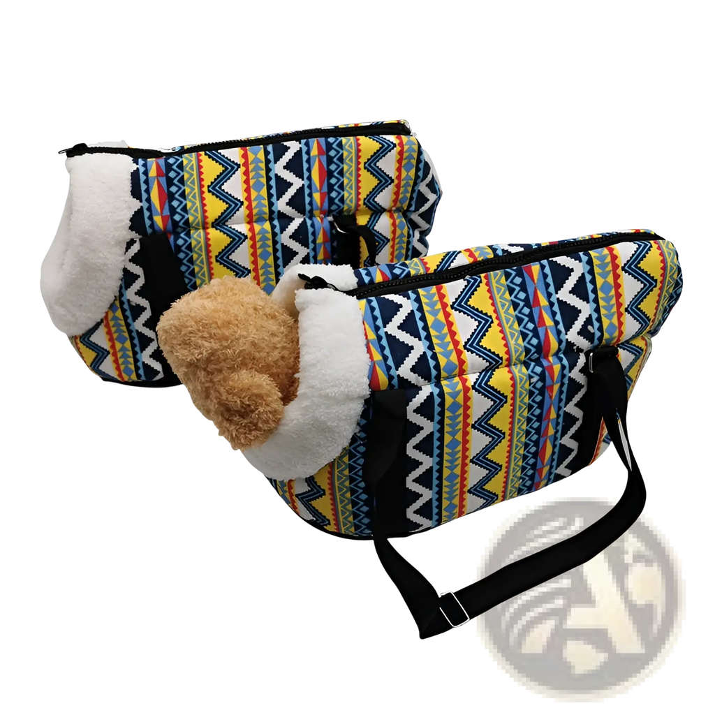 Colorful geometric-patterned warm pet carrier canvas fleece travel bag with plush white lining and black straps