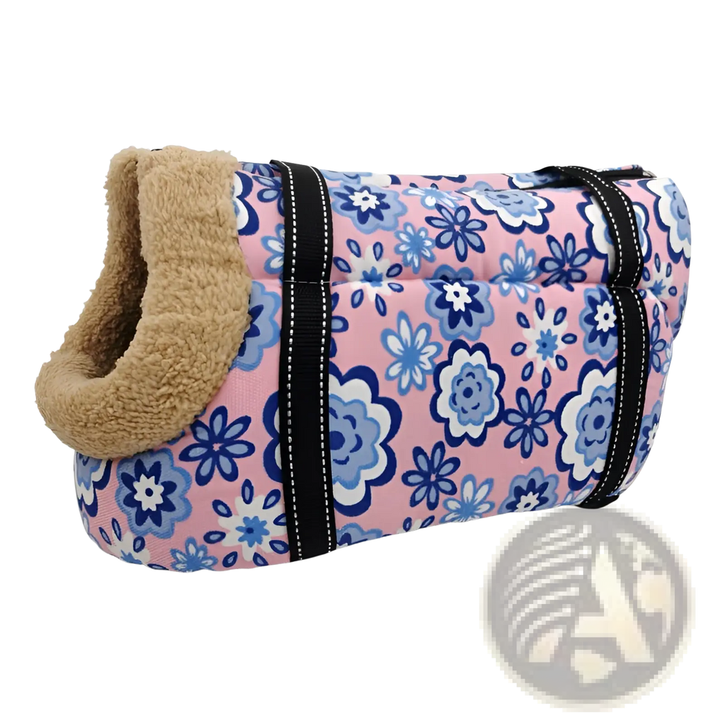 Warm pet carrier canvas fleece travel bag with pink and blue floral pattern and plush tan fleece interior lining