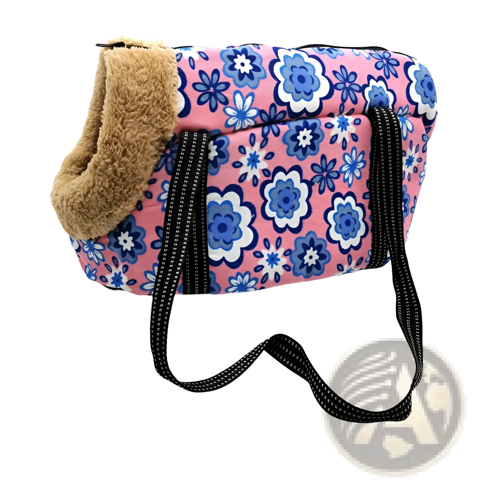 Warm pet carrier canvas fleece travel bag in pink with blue and white floral pattern and tan fleece-lined opening