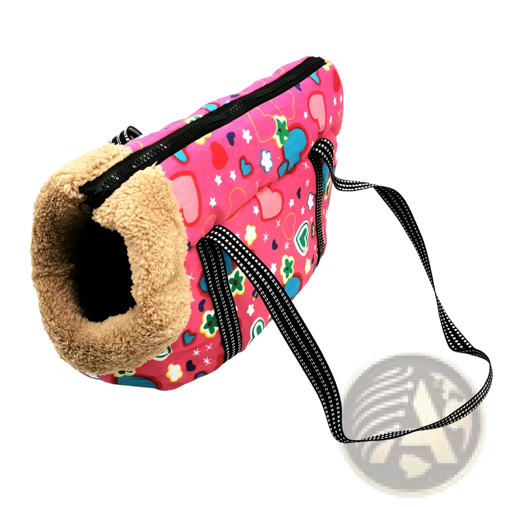 Pink patterned warm pet carrier canvas fleece travel bag with plush tan lining and black zipper for comfortable travel