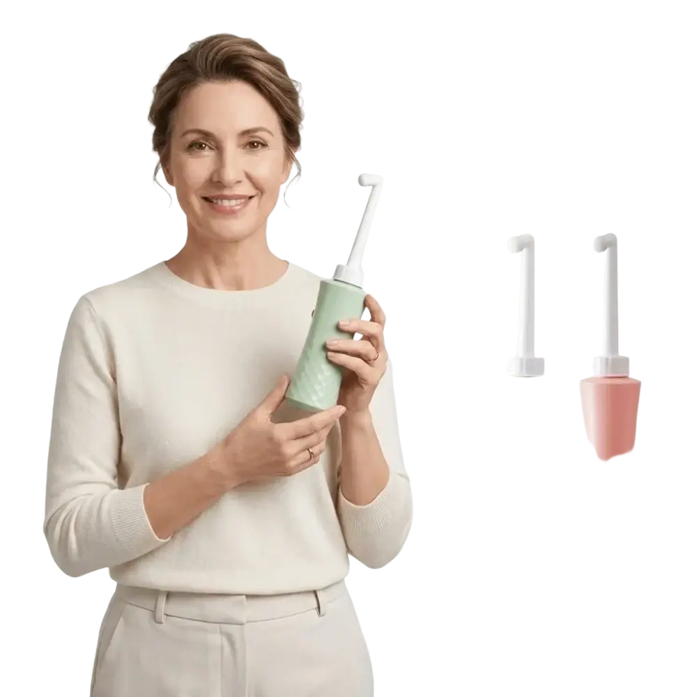 A mint green textured silicone wash bottle with white nozzle and cap featuring an easy squeeze design for postpartum use