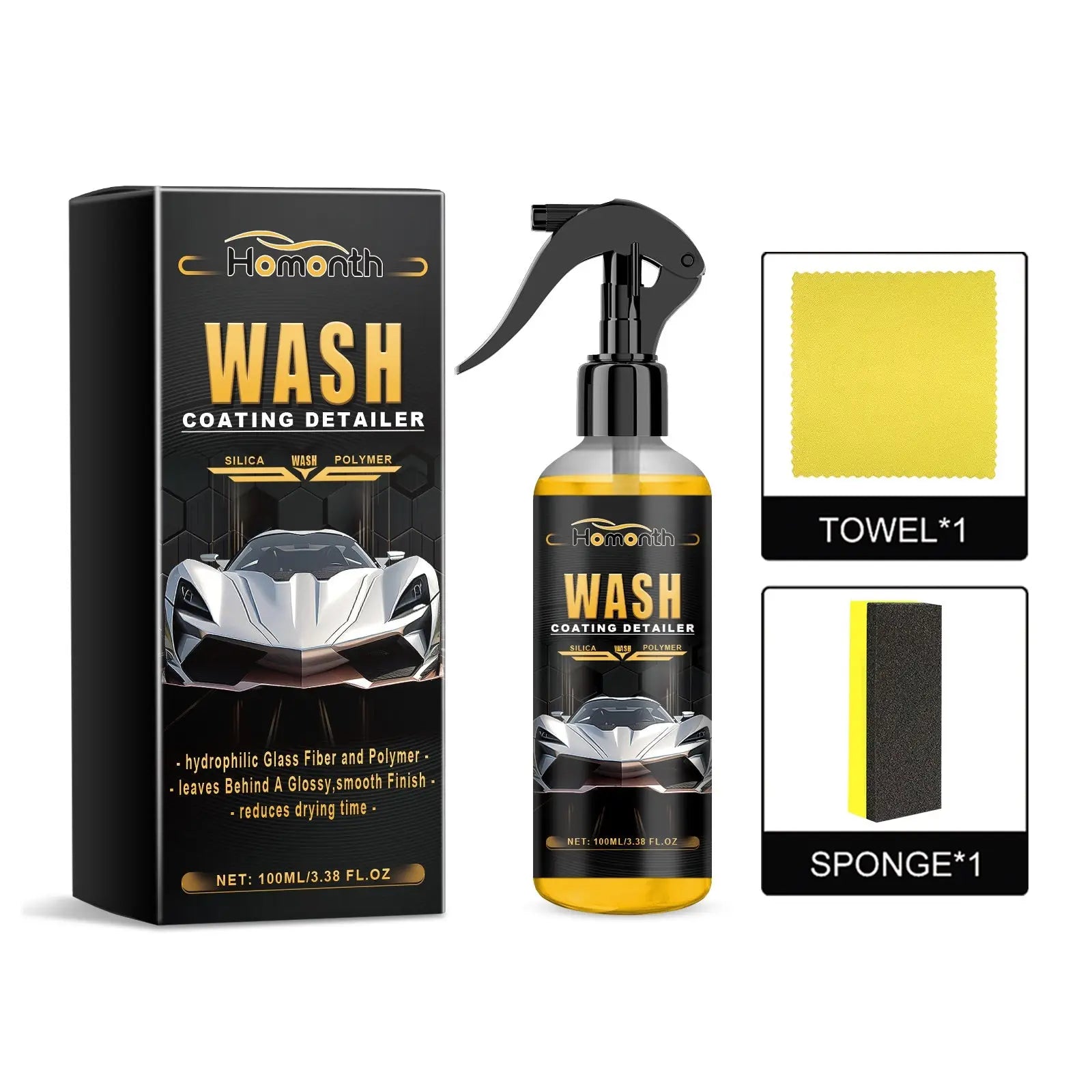 Black and gold wash coating detailer spray bottle with yellow liquid and matching black box with silver sports car graphic for car paint protection