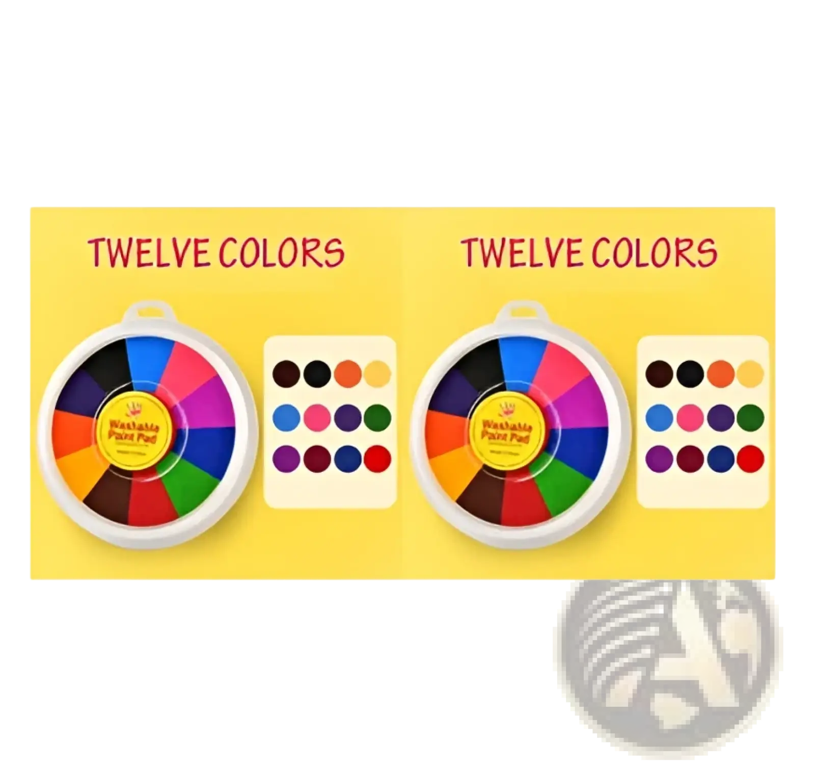 Two white-cased washable finger paint pads with twelve vibrant rainbow colors in a non-toxic inkpad design