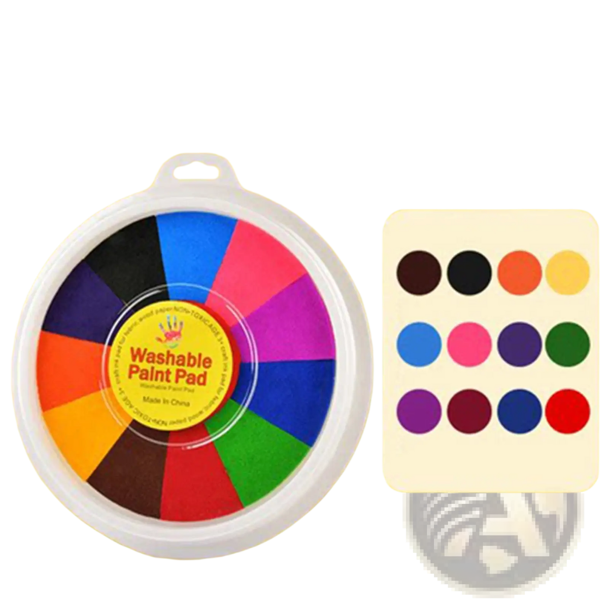 Circular white plastic container holding a washable finger paint pad with twelve vibrant rainbow colors arranged in a wheel design
