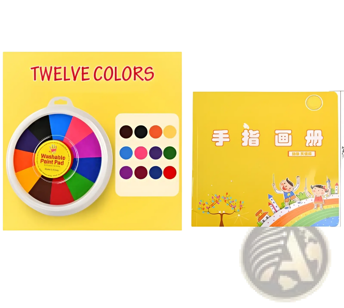 Washable finger paint pad with twelve vibrant colors in a circular white container featuring non toxic rainbow inkpad
