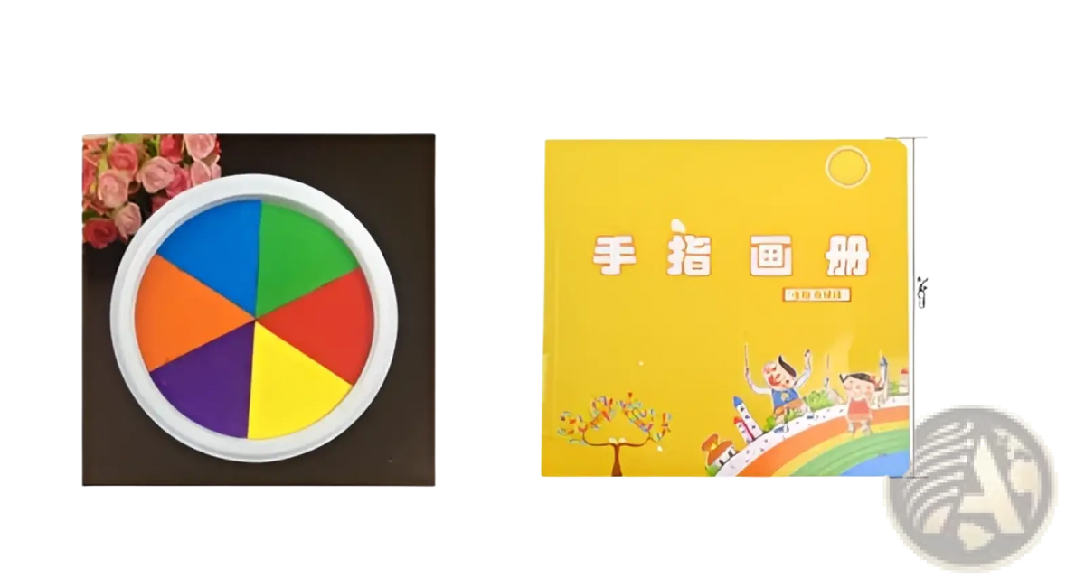 The image shows a colorful circular washable finger paint pad and a kids activity book titled 手指画册