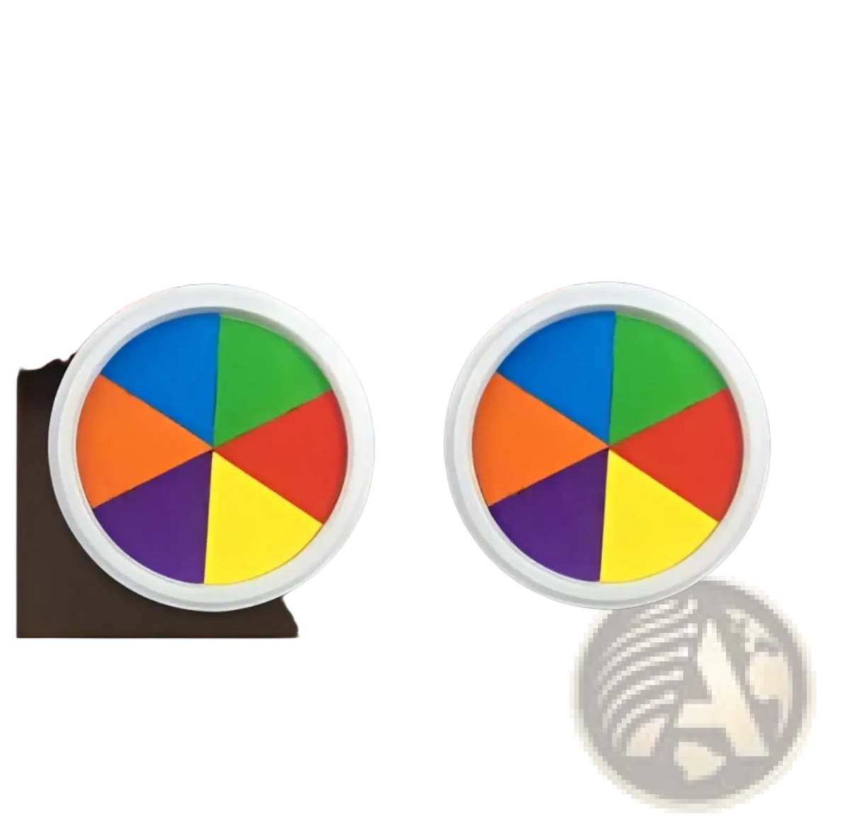 Two circular white-framed washable finger paint inkpads with six vibrant color segments in rainbow hues non-toxic design