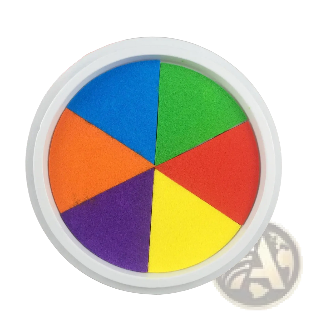 White circular washable finger paint pad with six non-toxic rainbow inkpad sections in blue green orange red purple yellow