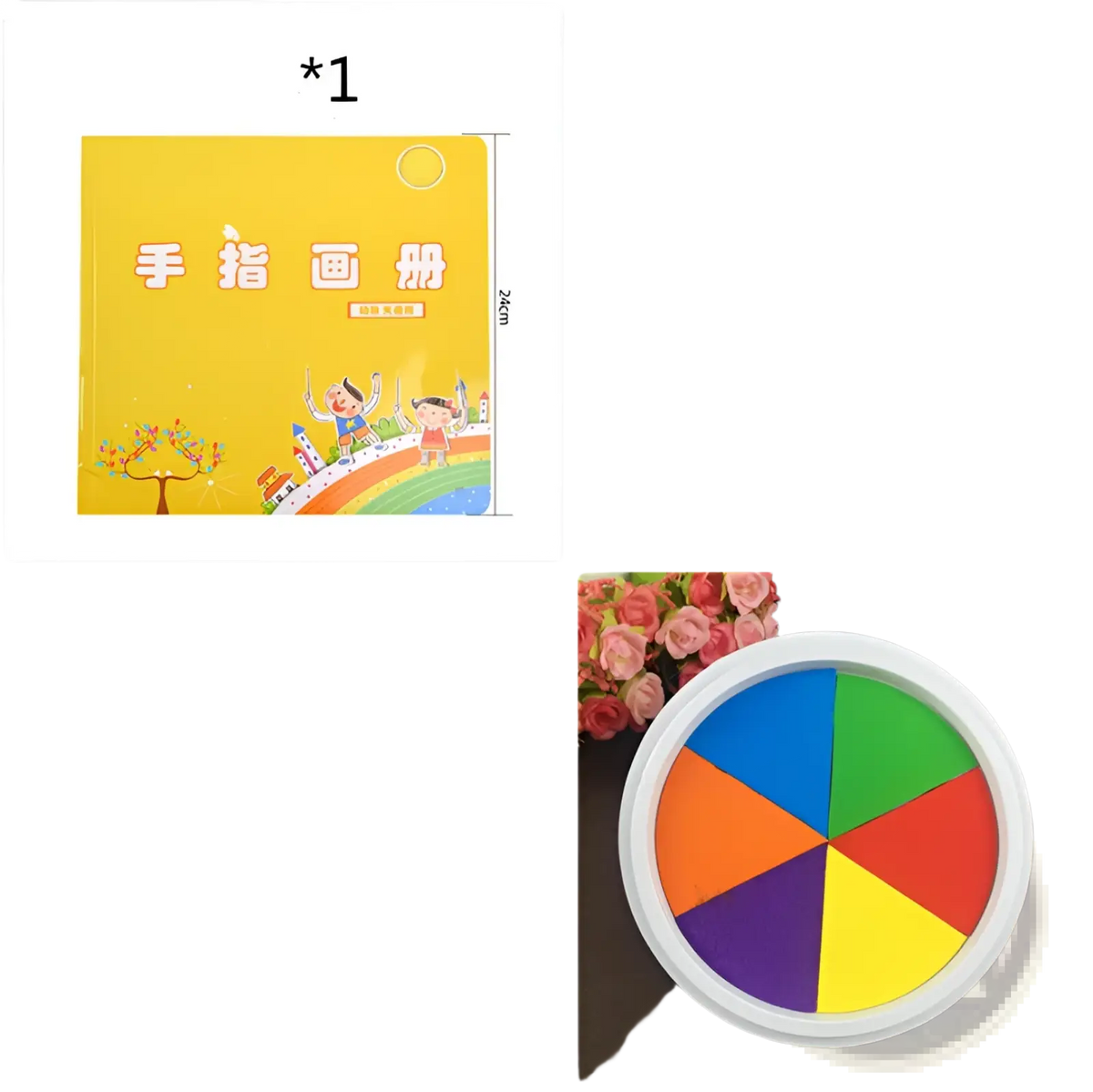 Yellow children’s finger painting book with cartoon illustrations featuring a washable non-toxic rainbow inkpad