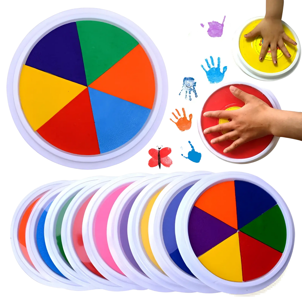 Set of colorful circular washable finger paint pads with non-toxic rainbow ink segmented into vibrant primary and secondary colors