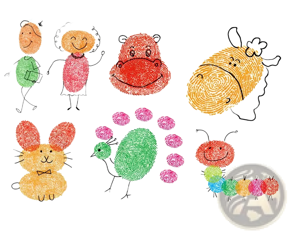 A colorful collection of children’s fingerprint art using washable non-toxic rainbow inkpad in red green yellow pink and orange hues