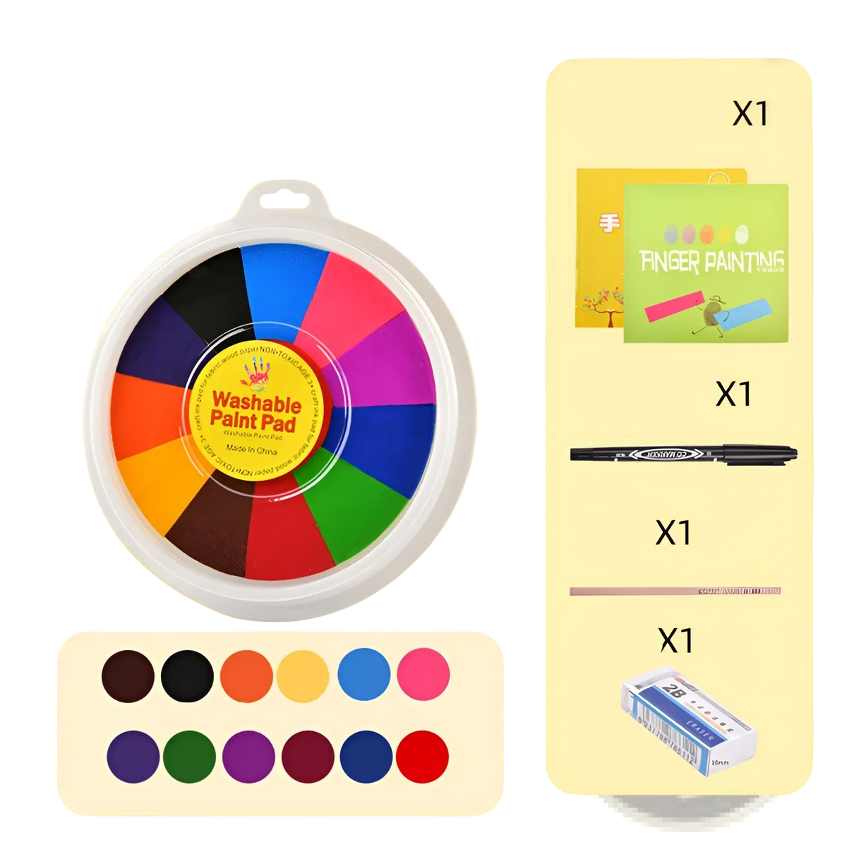 A circular white plastic container holds a washable non-toxic finger paint pad with vibrant rainbow-colored segments