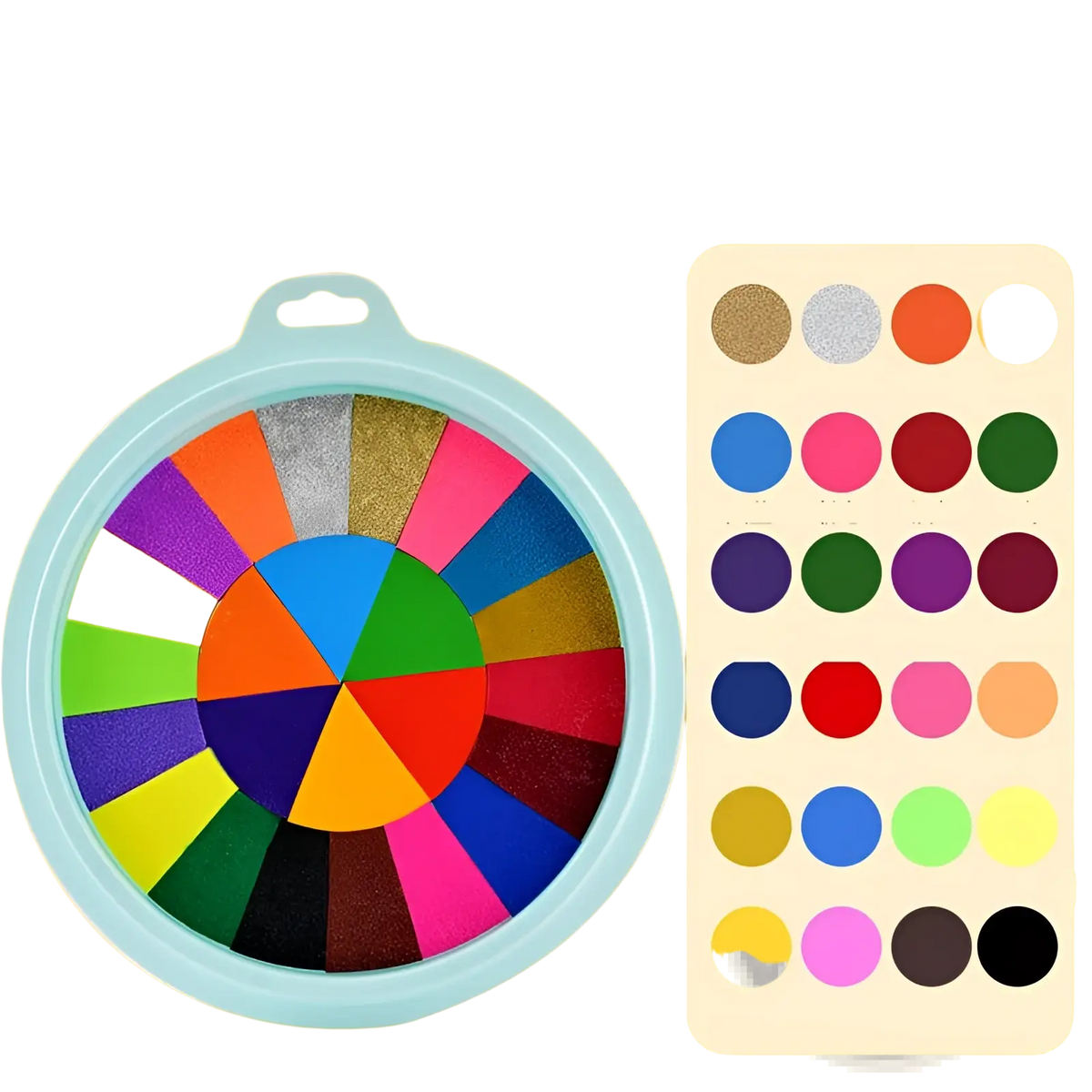 A circular light blue plastic washable finger paint pad holds a rainbow of glittery non-toxic pigment pans