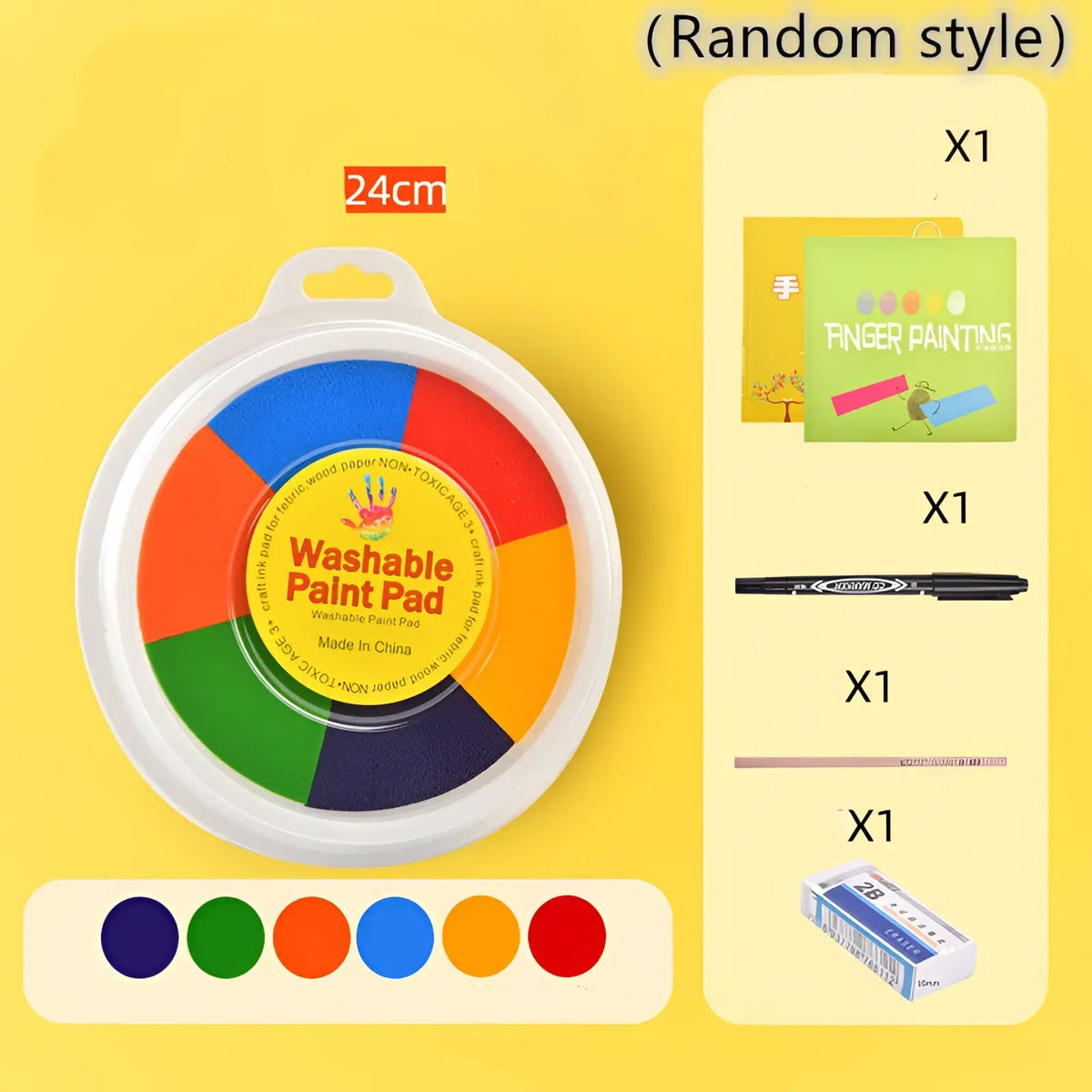 Circular white plastic container holding a washable finger paint pad with six colorful non-toxic rainbow ink sections
