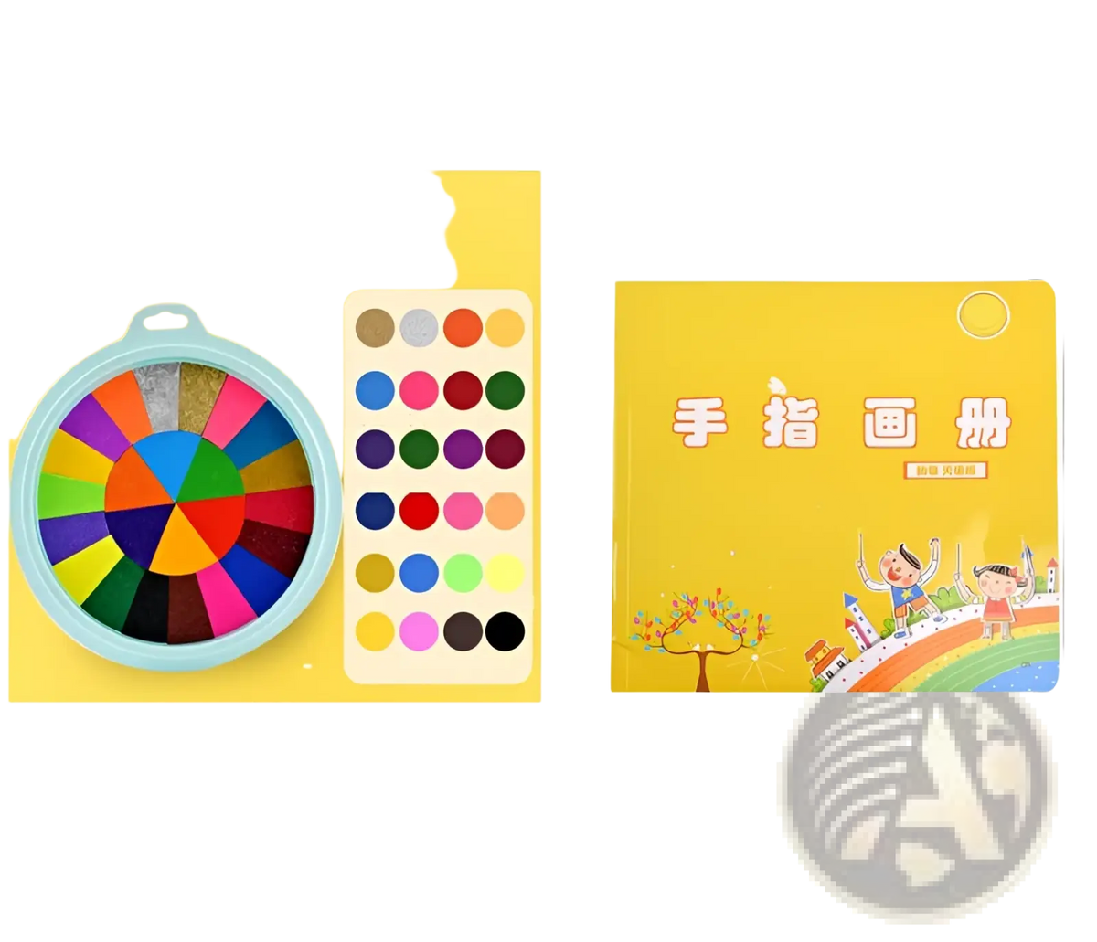 Circular light blue plastic washable finger paint pad with rainbow-colored non-toxic ink sections and matching color chart
