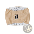 Beige doglemi washable male dog diaper sanitary belt with gray mesh lining and bone-shaped brand patch visible from back side
