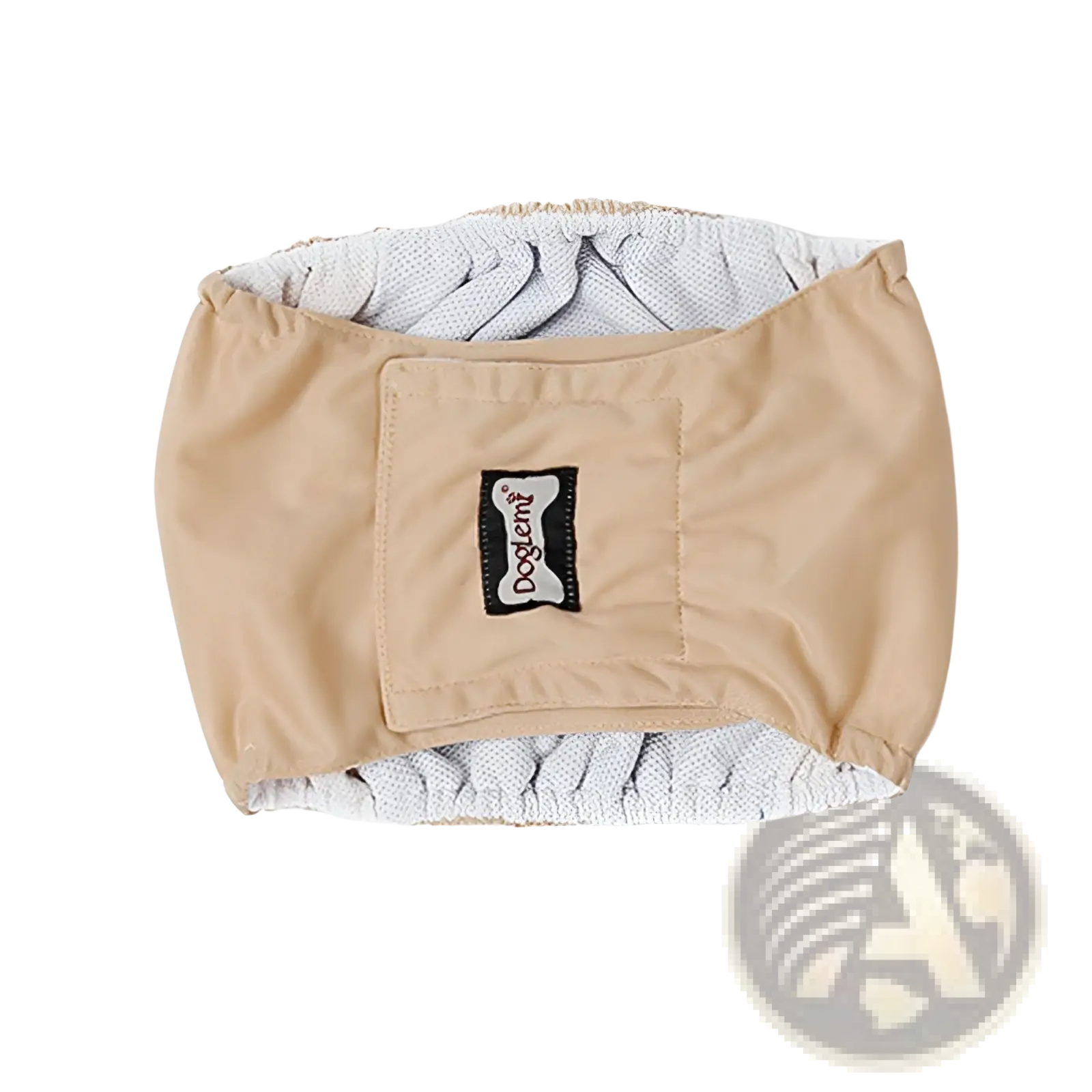Beige doglemi washable male dog diaper sanitary belt with gray mesh lining and bone-shaped brand patch visible from back side