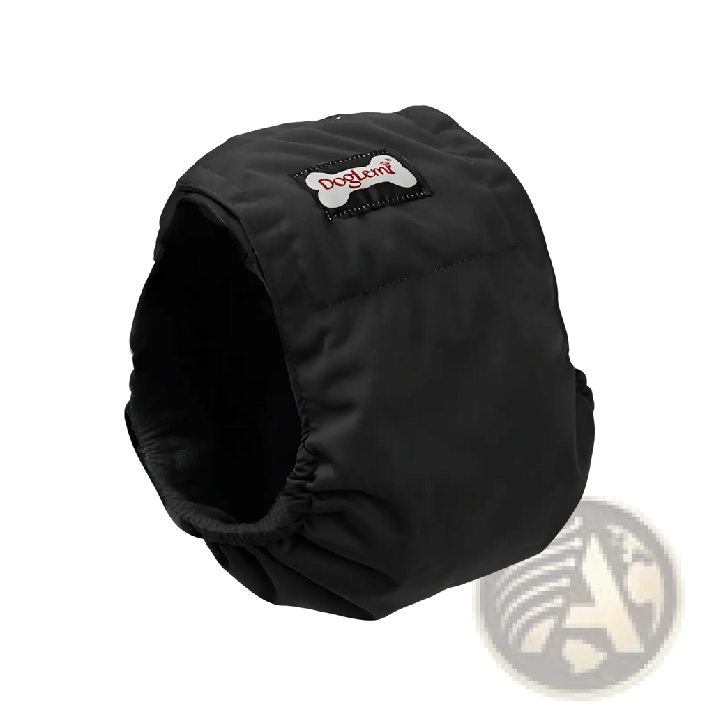 Black doglent washable male dog diaper sanitary belt made of durable fabric with elasticized edges shown from back side