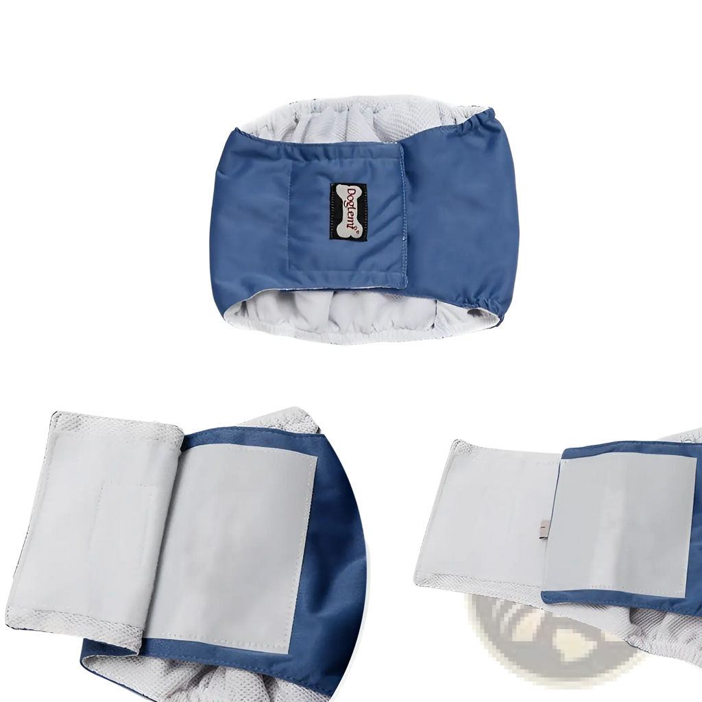 Washable male dog diaper sanitary belt in blue and gray with soft mesh-lined interior for comfort and hygiene