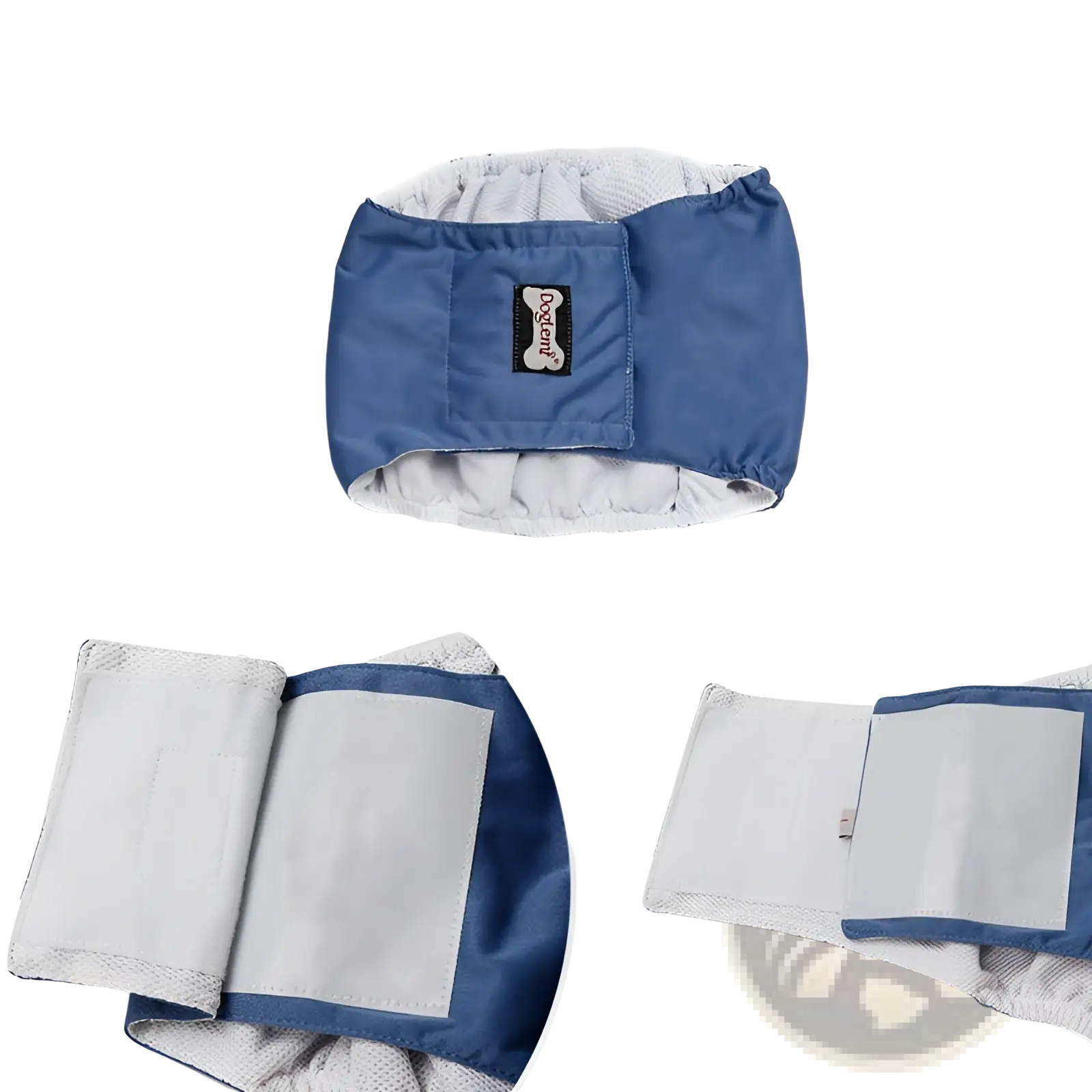 Washable male dog diaper sanitary belt in blue and gray with soft mesh-lined interior for comfort and hygiene