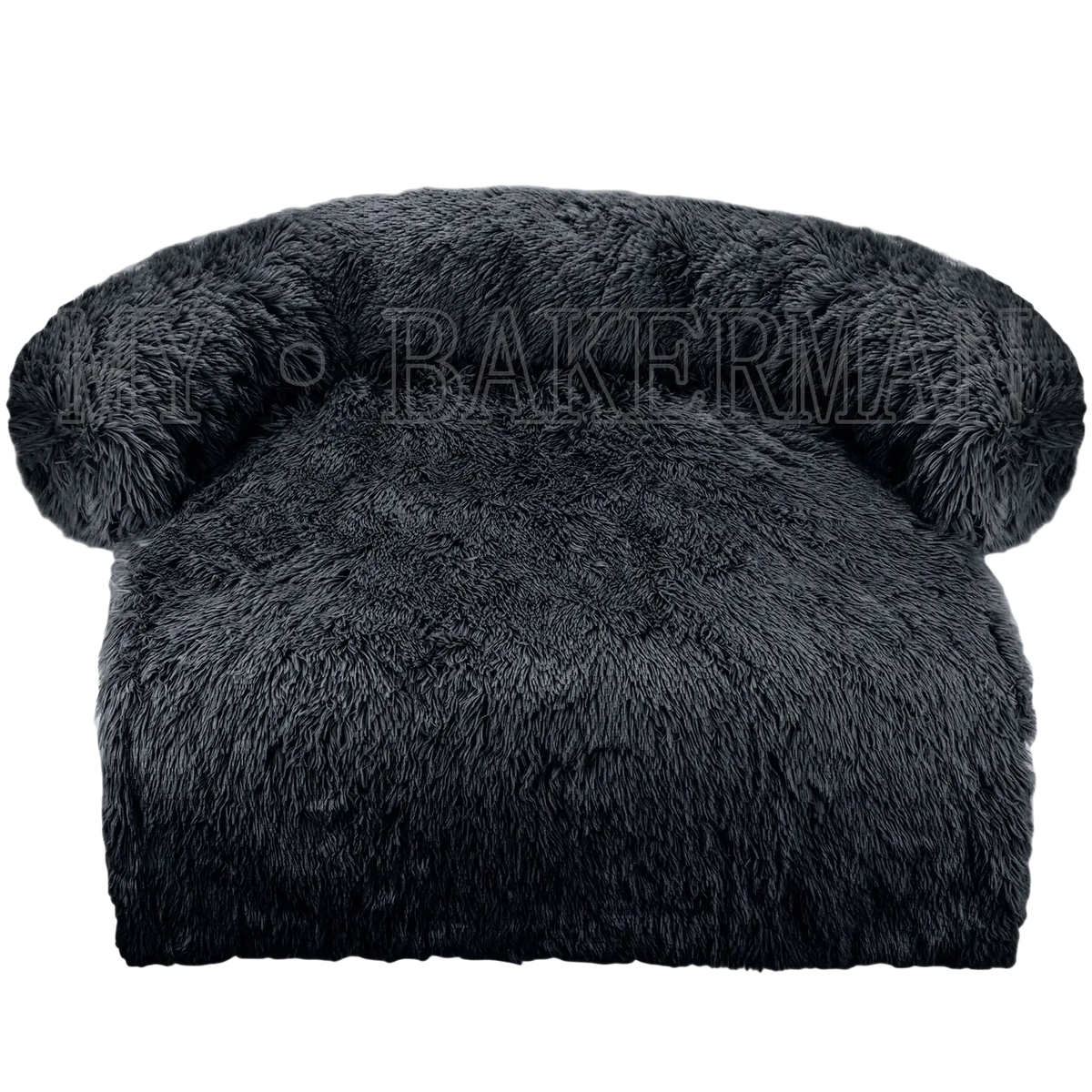 Black plush faux fur dog bed beanie with soft dense texture and rounded ear-like protrusions for pet bed comfort