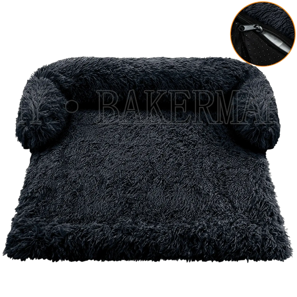 Black plush fleece washable dog bed sofa with soft shaggy texture and rounded armrest pet bed bolster design