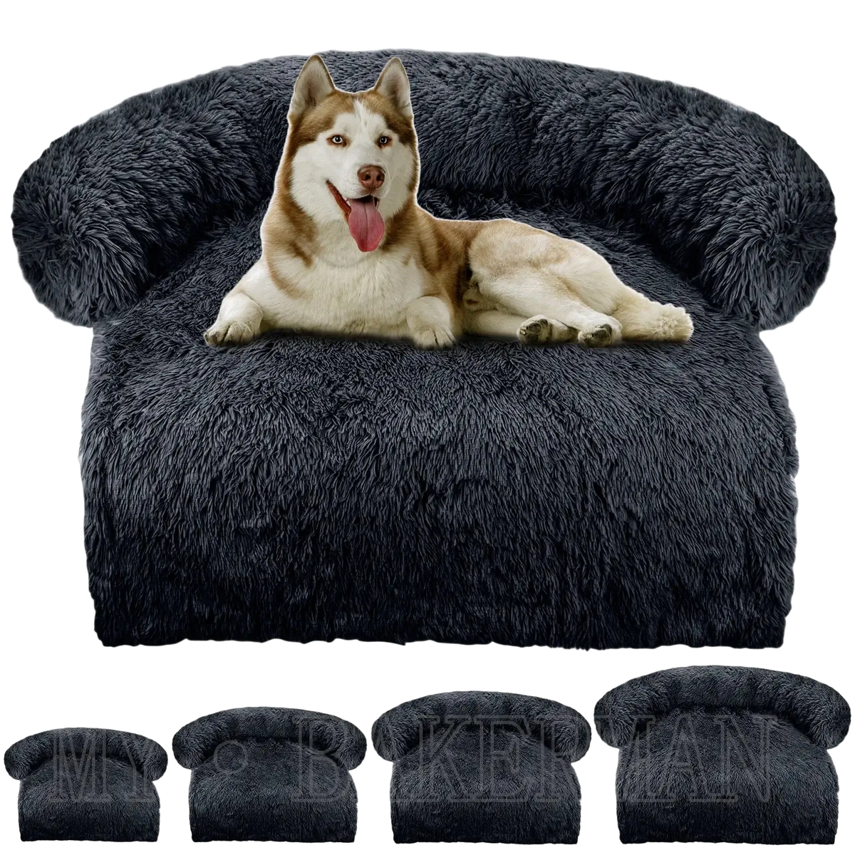Black fluffy washable plush dog bed sofa with shaggy texture and rounded armrests for pets with bolster support