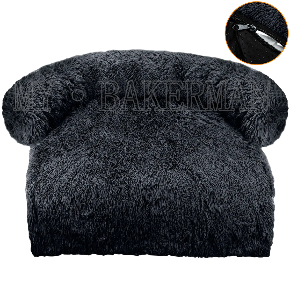 Black fuzzy beanie with soft plush texture and rounded ear flaps next to washable plush dog bed sofa with bolster pet bed