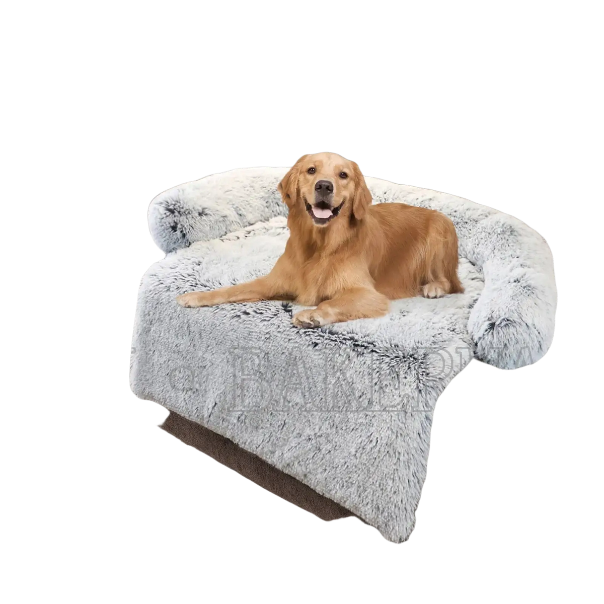 A cozy gray faux fur dog bed with washable plush material, fluffy armrests, and cushioned seat pet bed sofa