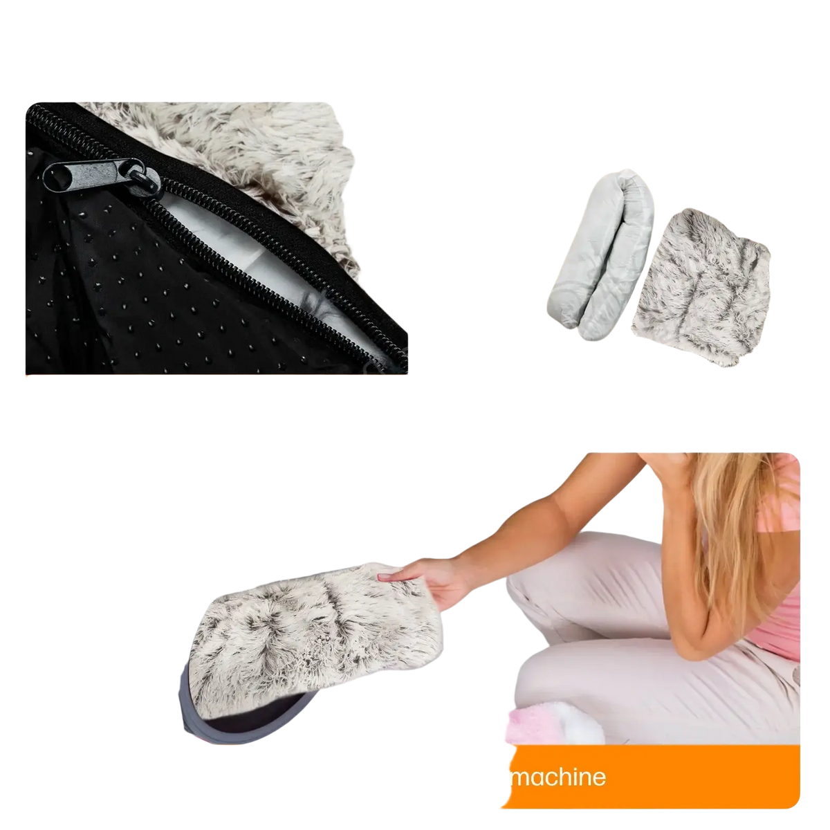 Fuzzy gray and white plush cleaning mitt with detachable liner for machine washing in washable plush dog bed pet bed set