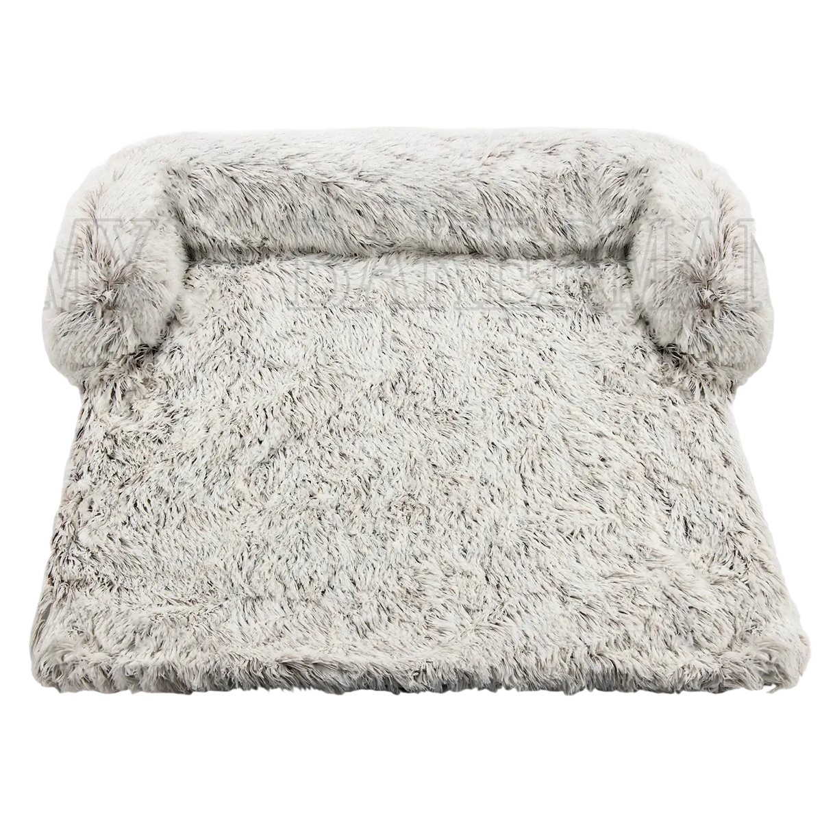 A washable plush gray faux fur dog bed sofa with shaggy texture and rounded bolster armrests for pets