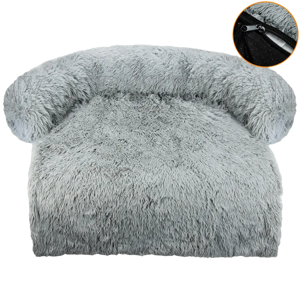 Gray plush faux fur dog bed with rounded armrests and zipper closure washable pet bed sofa with bolster