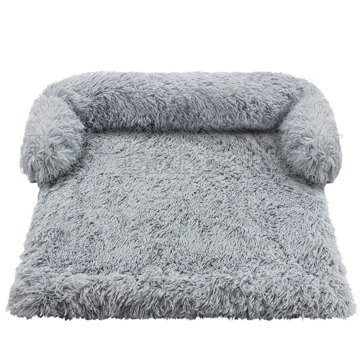 Gray washable plush dog bed sofa with shaggy fur and built-in armrests for comfortable pet bed lounging