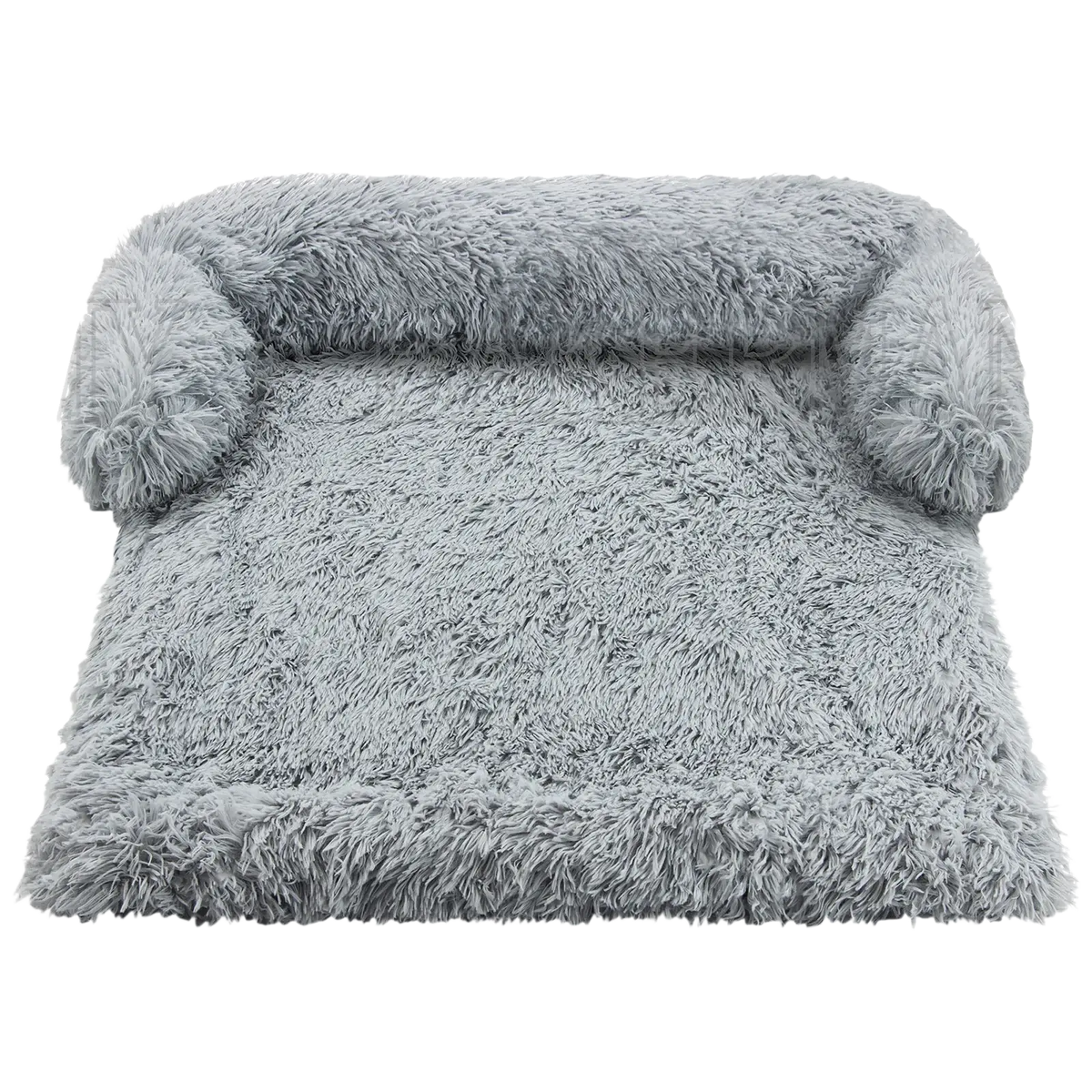 A plush light gray faux fur washable dog bed sofa with bolster and cushioned shaggy texture pet bed