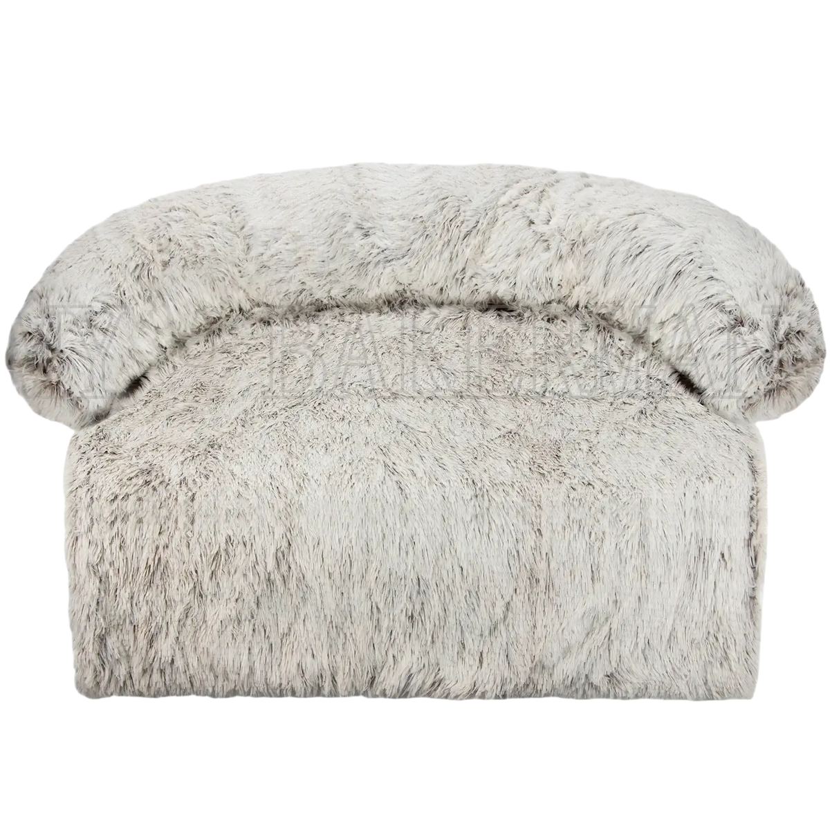 A light gray plush faux fur dog bed sofa with washable soft fluffy texture and bolster pet bed for comfort