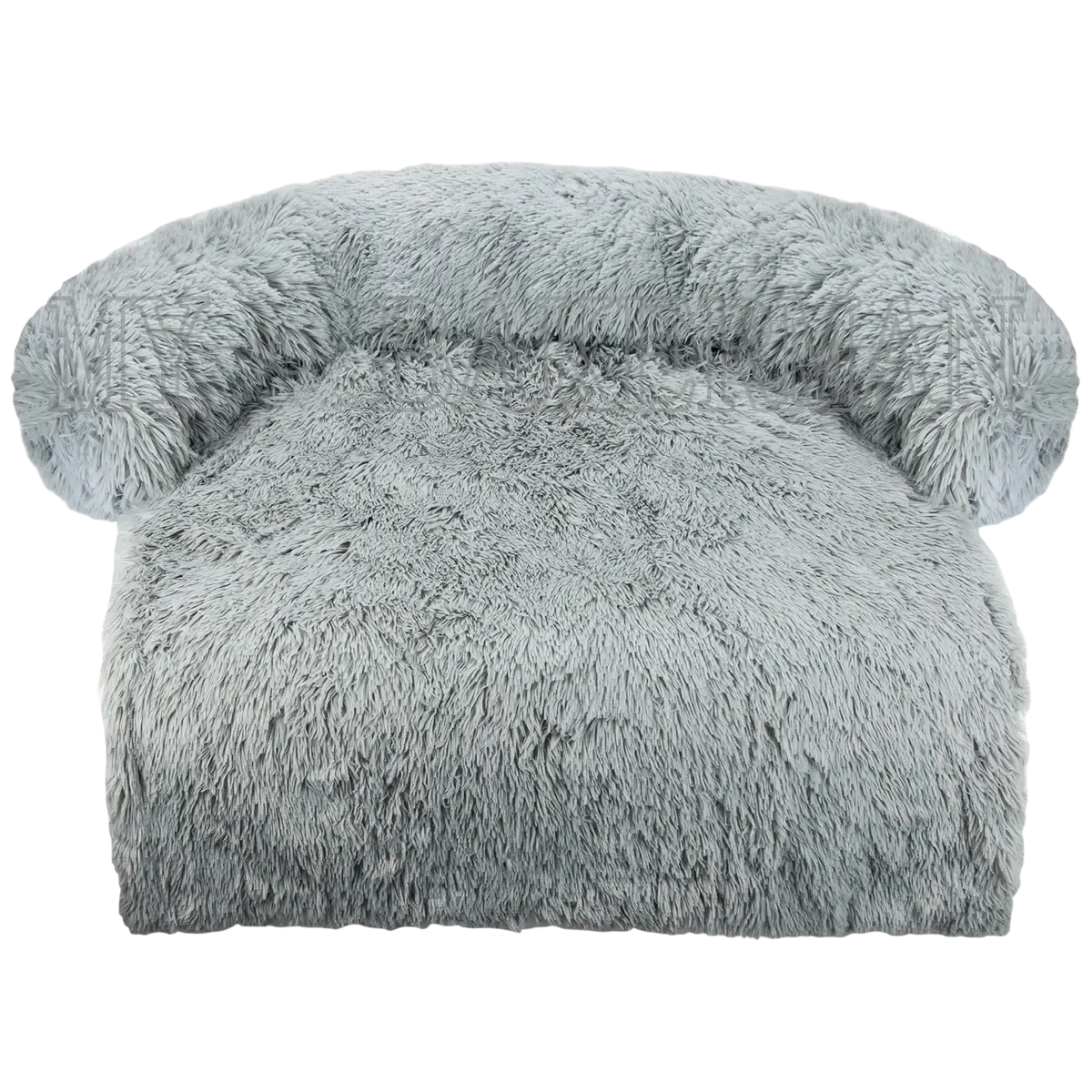 A light gray washable plush dog bed sofa with bolster made of soft faux fur for cozy pet comfort