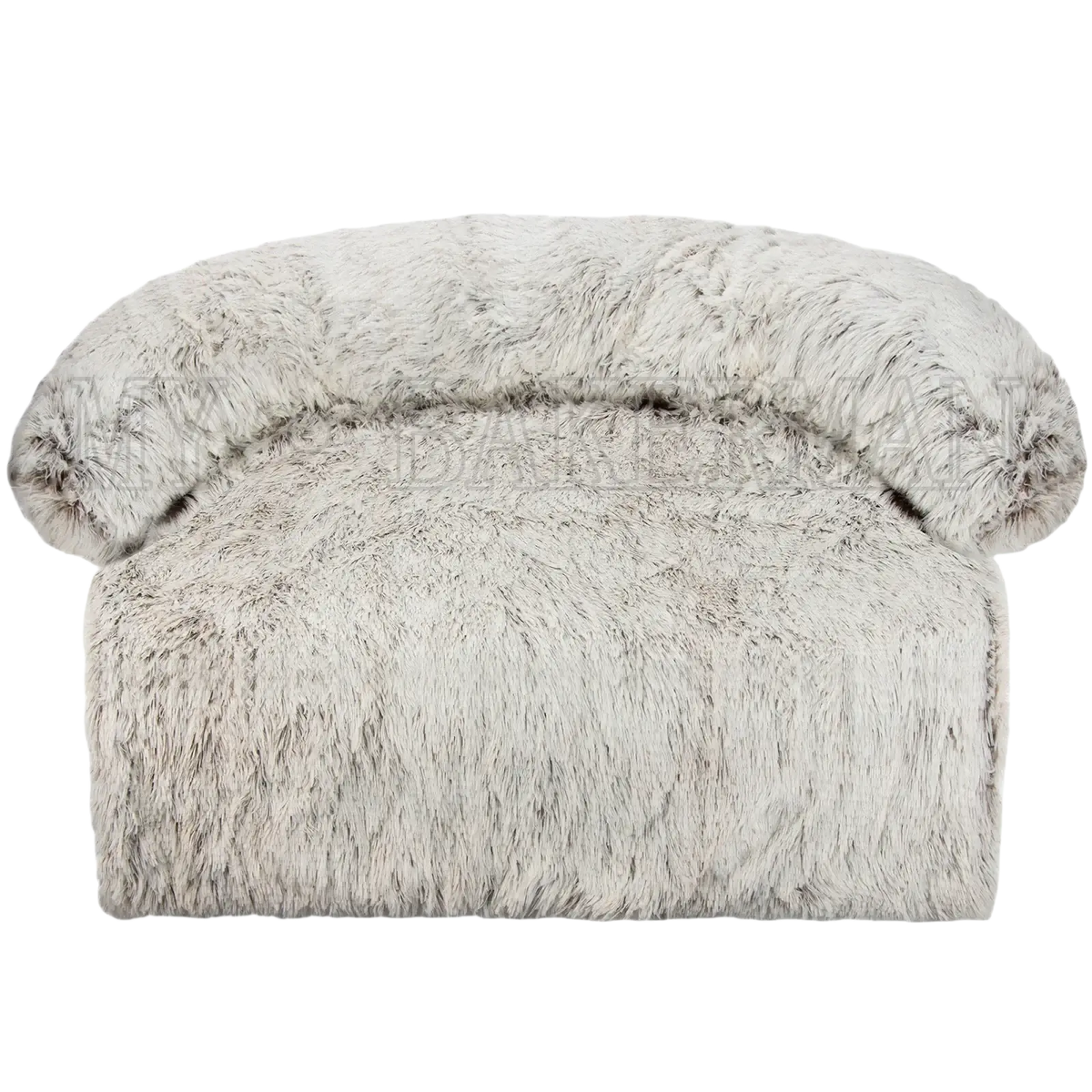 A washable plush dog bed sofa with bolster, light gray faux fur, cozy curved design, and black zipper closure
