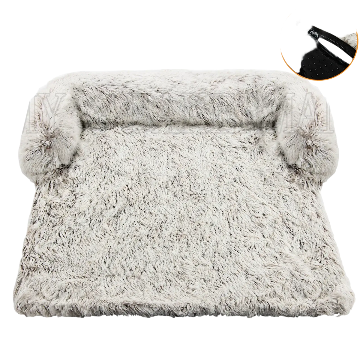 A washable plush dog bed sofa in light gray faux fur with soft shaggy texture and rounded bolster armrests