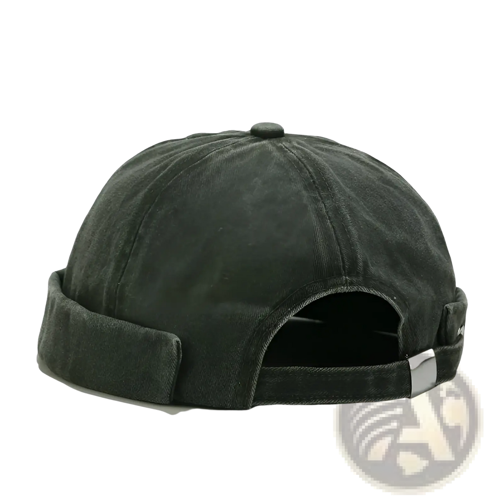 Dark green washed denim baseball cap with retro rolled up brim and adjustable strap visible from the back side