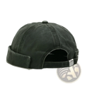 Dark green washed denim baseball cap with retro rolled up brim and adjustable strap visible from the back side
