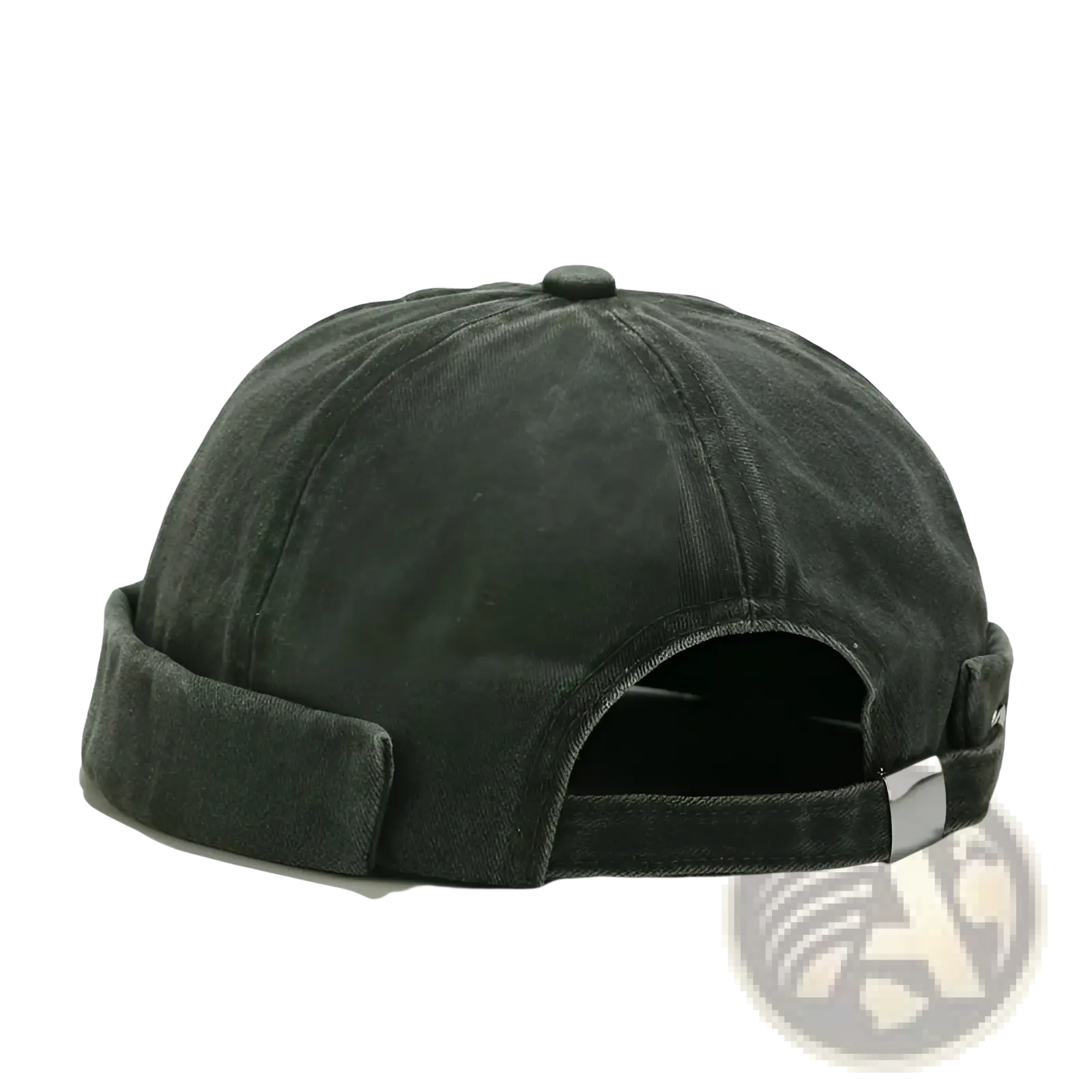 Dark green washed denim baseball cap with retro rolled up brim and adjustable strap visible from the back side