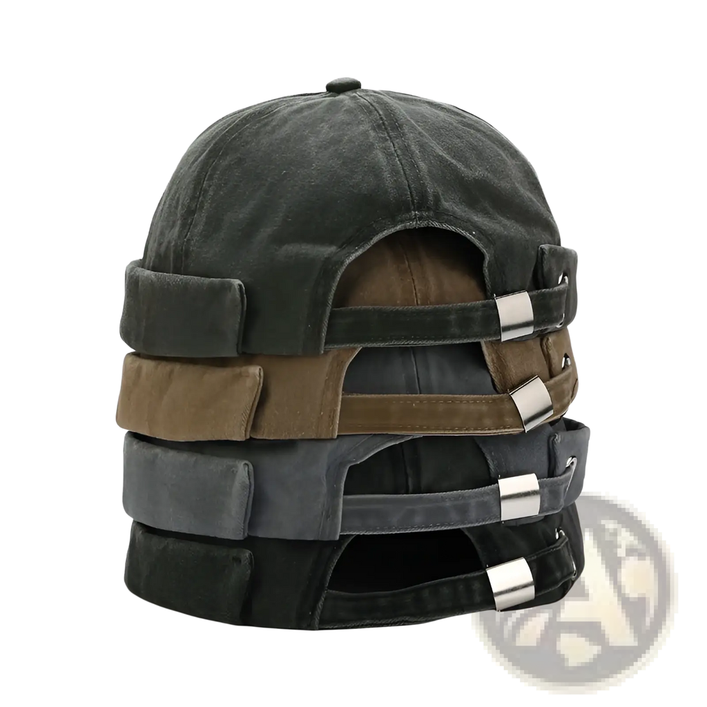 Stacked washed denim baseball caps with retro rolled brim in faded black brown and gray with silver buckle closures