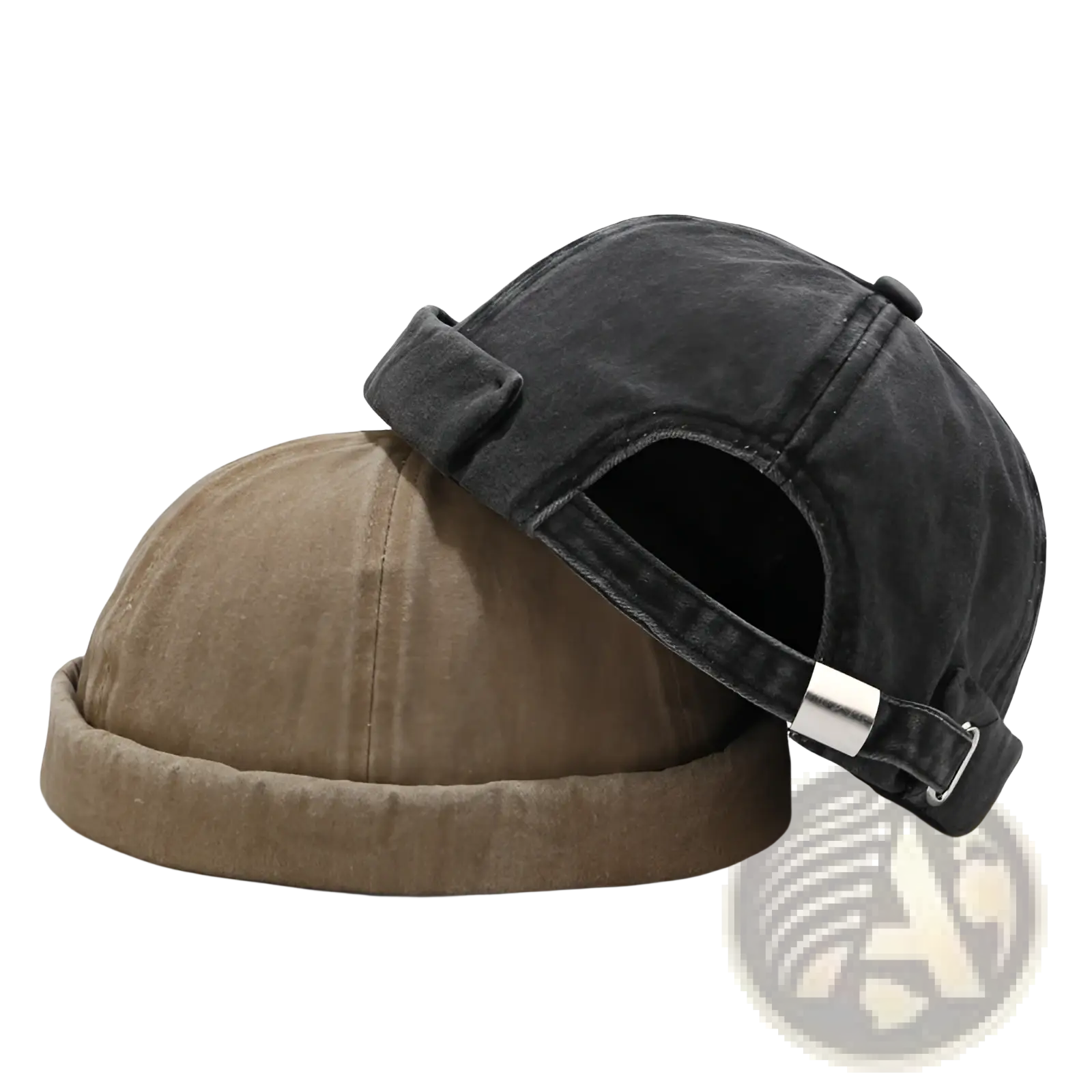 A dark gray washed denim baseball cap with a retro rolled brim and silver buckle closure