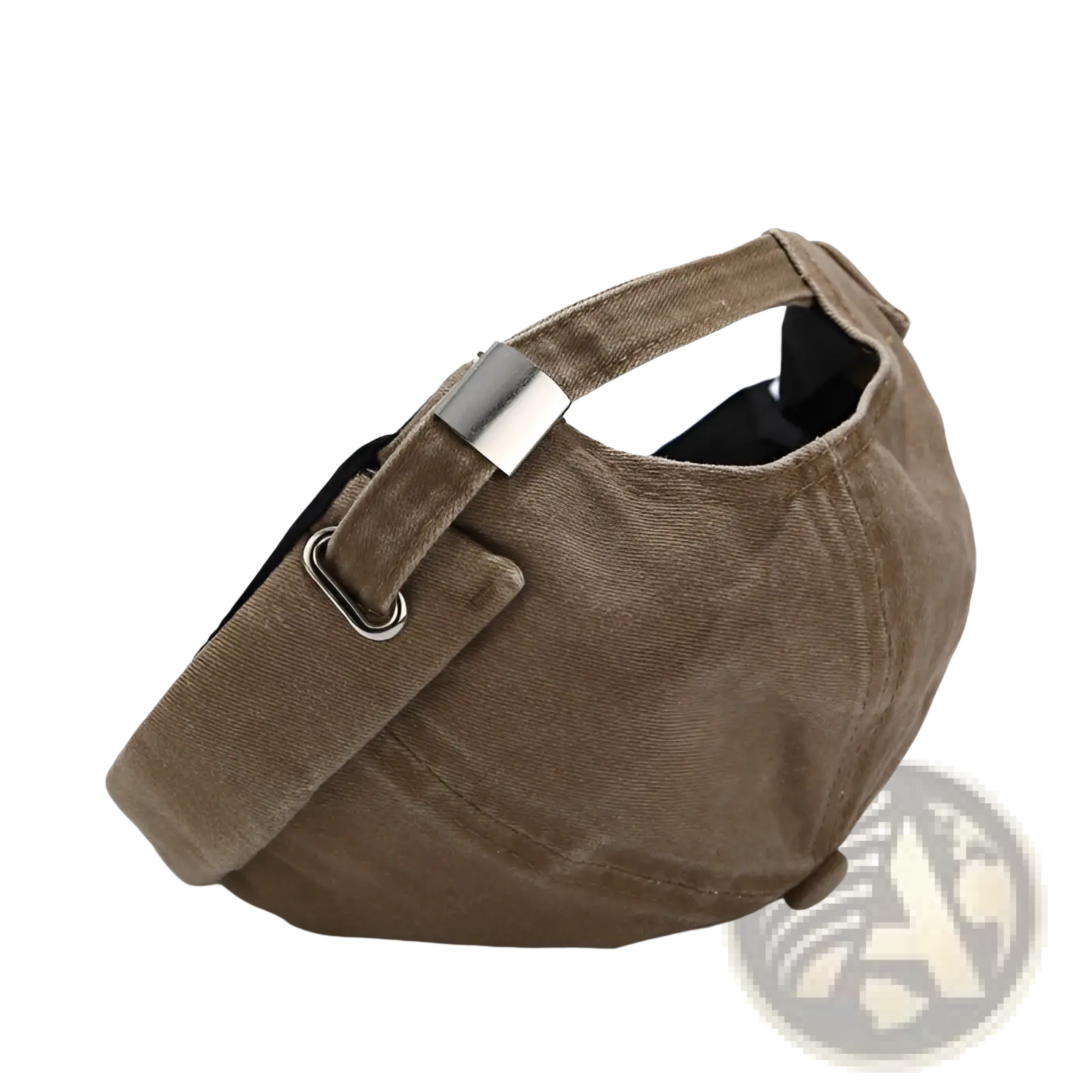 Tan corduroy washed denim baseball cap with silver metal buckle and adjustable strap shown from the back side