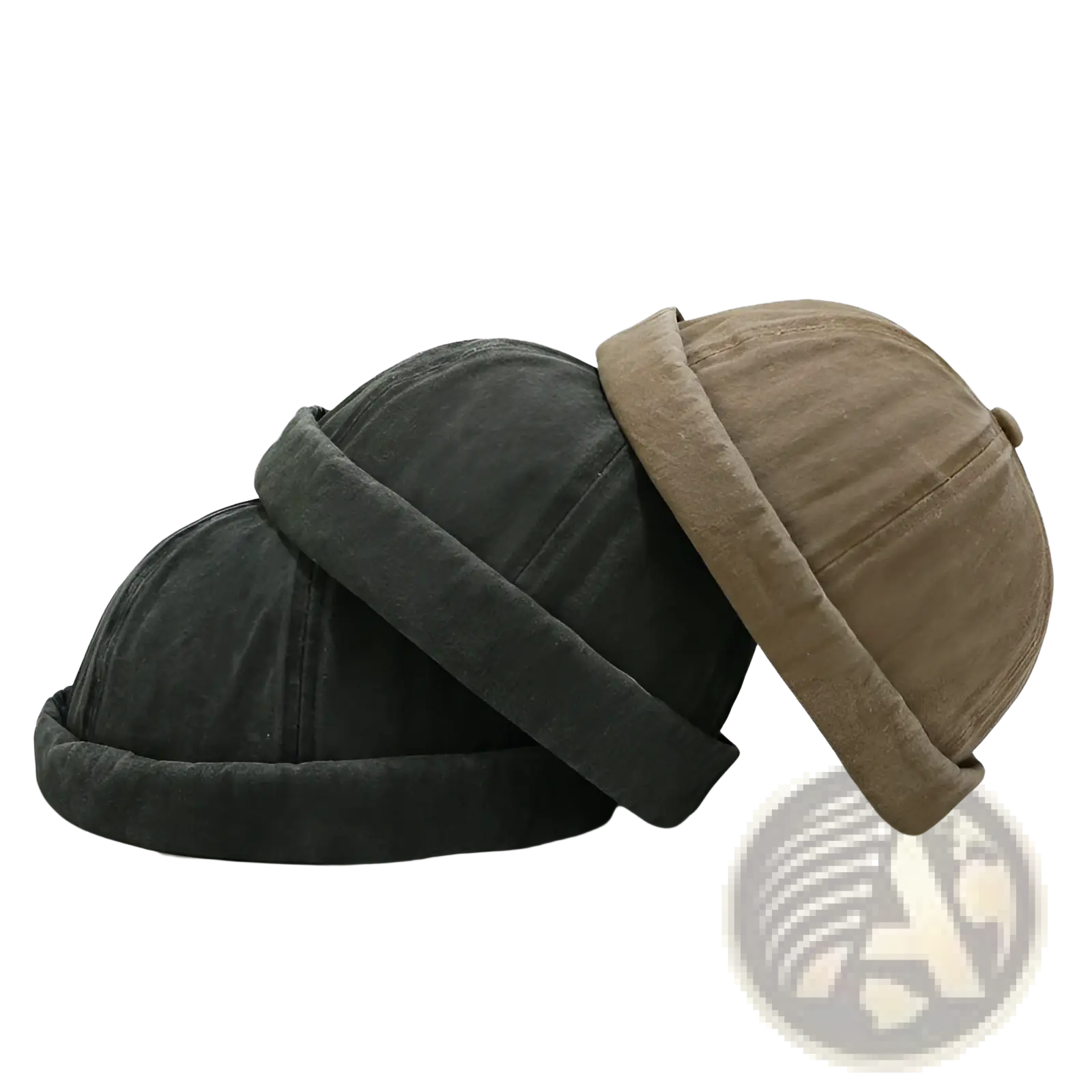 Two washed denim baseball caps in dark gray and tan featuring retro rolled brims and soft textured fabric