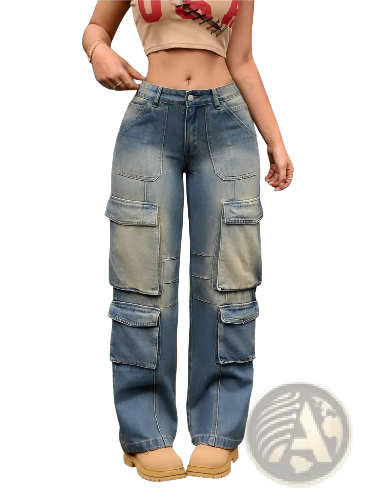 High-waisted washed denim cargo pants with multiple large pockets and a faded distressed finish in blue