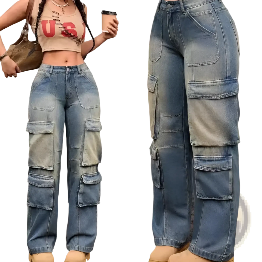 Was washed denim cargo pants featuring high-waisted faded blue straight jeans with multiple large pockets