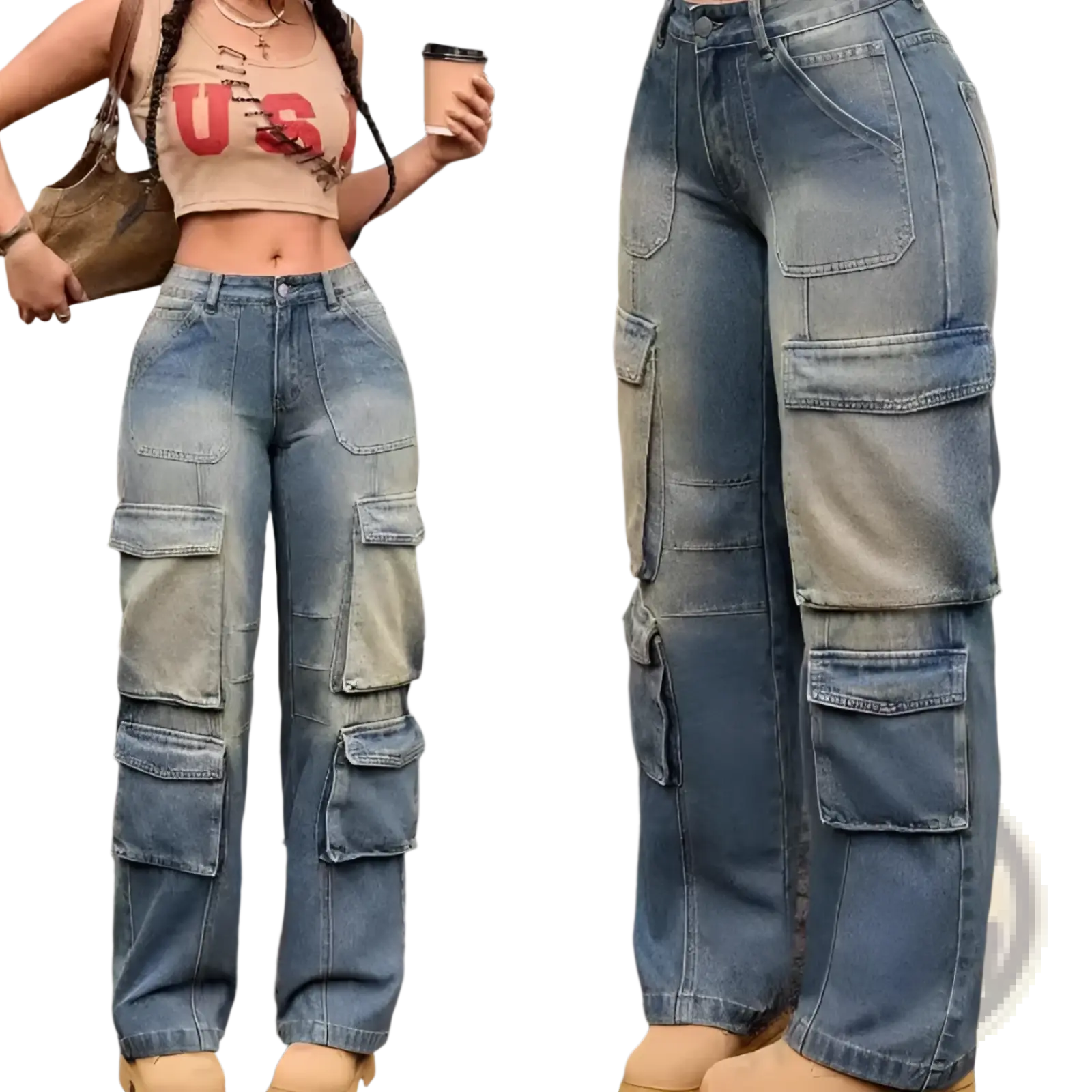 Was washed denim cargo pants featuring high-waisted faded blue straight jeans with multiple large pockets