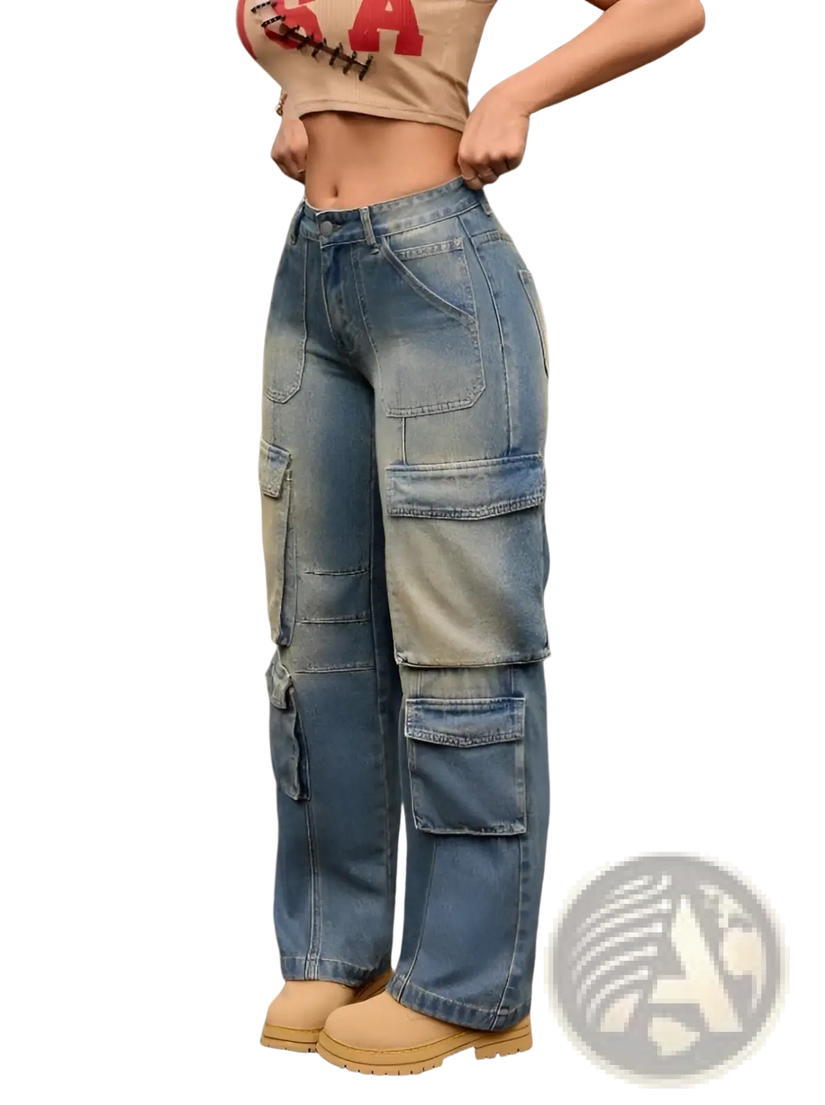 High-waisted washed denim cargo pants with multiple large pockets and a faded distressed blue wash front view