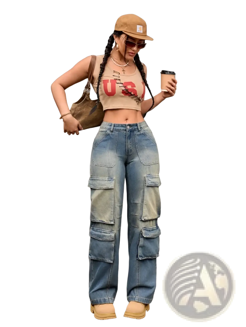 Tan cap with a small white logo on the front paired with washed denim cargo pants straight jeans